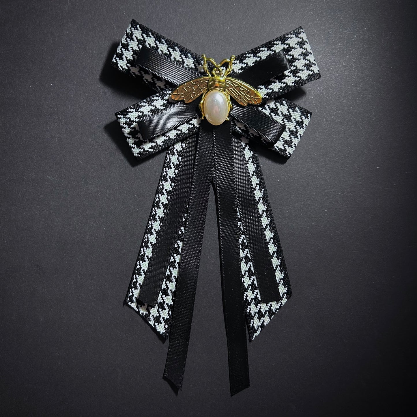 Black & White Houndstooth Ribbon Bow Brooch with Gold Bee Charm