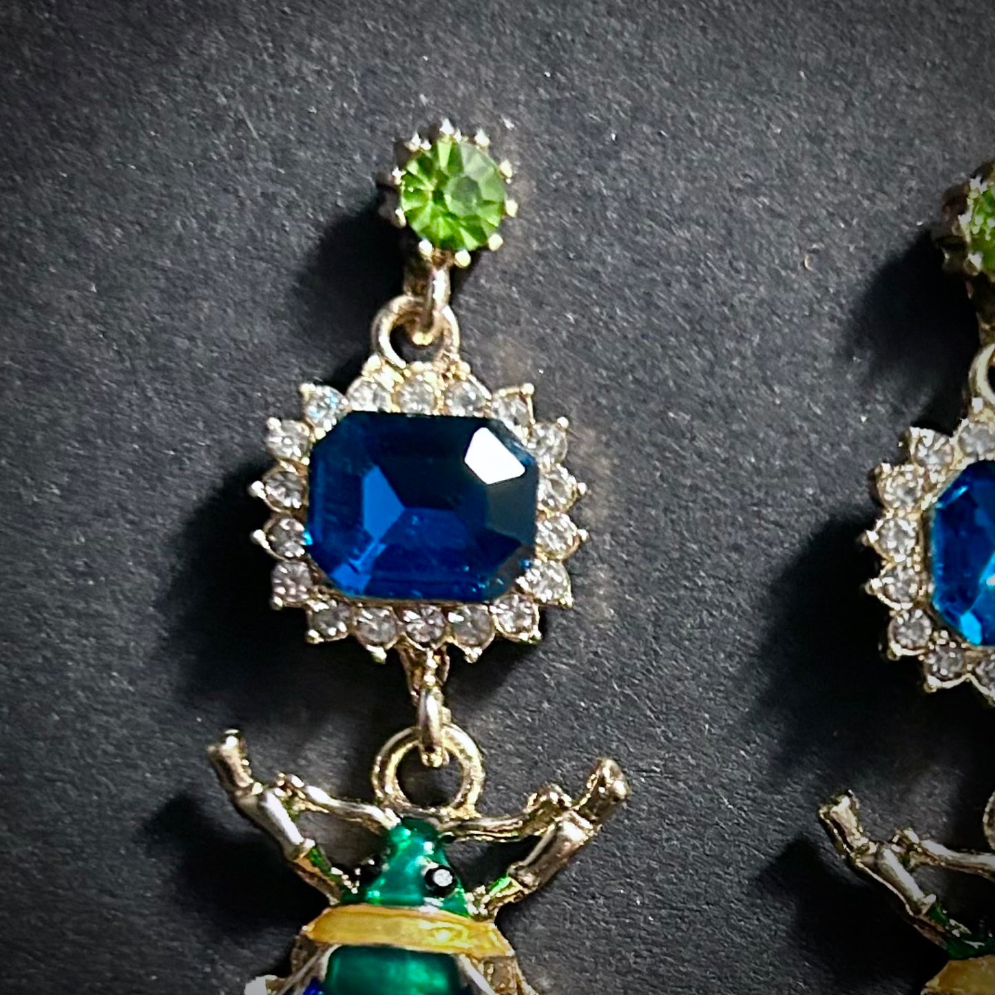 Multicolor Enameled Gold Bee & Petrol Crystal Statement Earrings