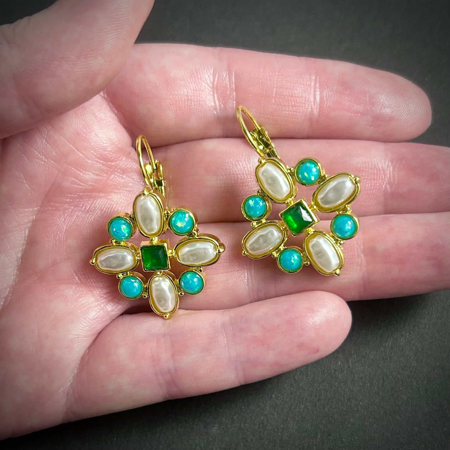 Art Nouveau Baroque Pearl & Turquoise Cross Gold Earrings