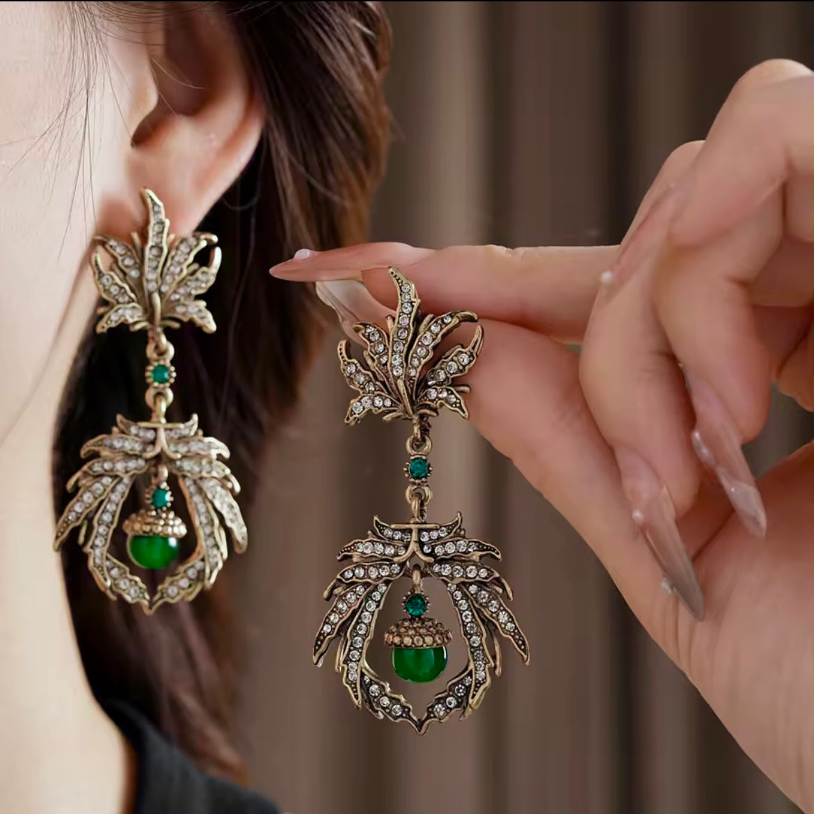 Art Nouveau Gold & Emerald Green Rhinestone Leaf Chandelier Earrings
