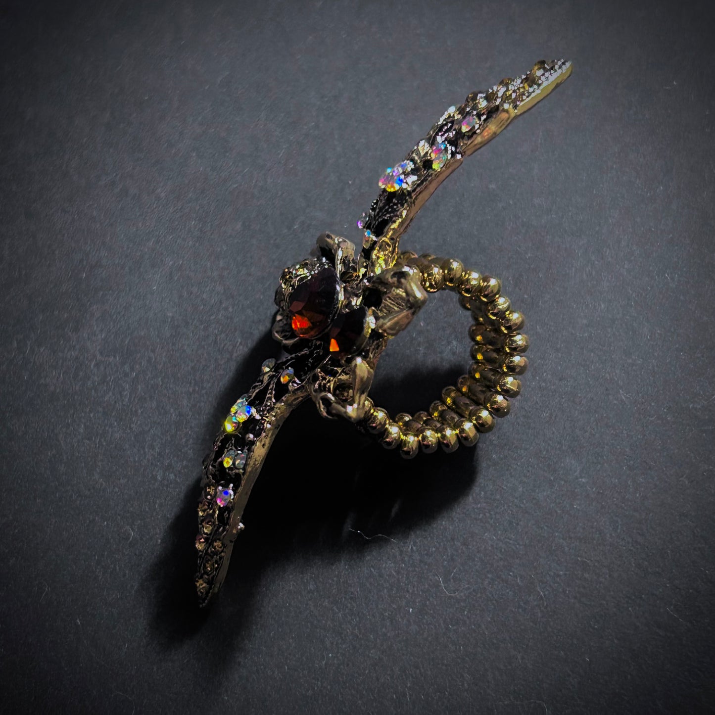Bee Antique Gold & Rhinestones Adjustable Ring