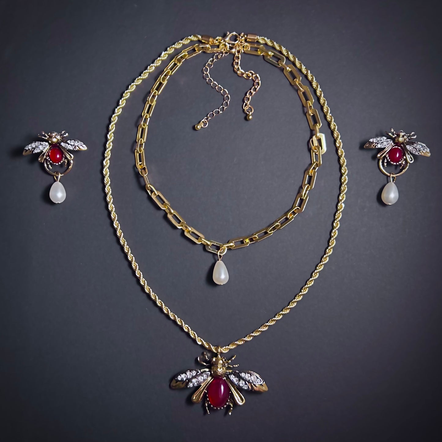 Bee, Ruby & White Pearl Gold Earrings