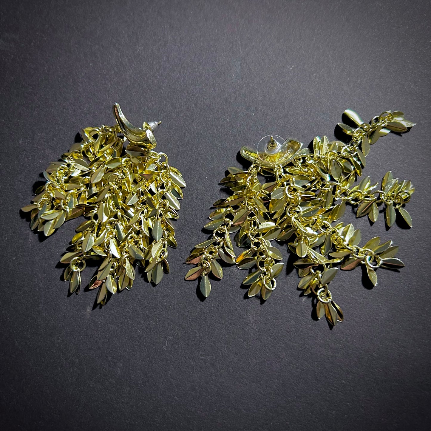 Leaves Waterfall Gold Tassel Statement Earrings