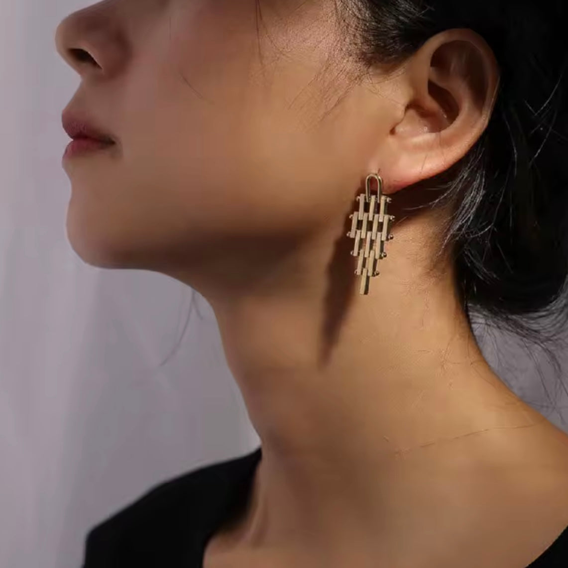 Geometric Hinged Six Level Earrings in Gold
