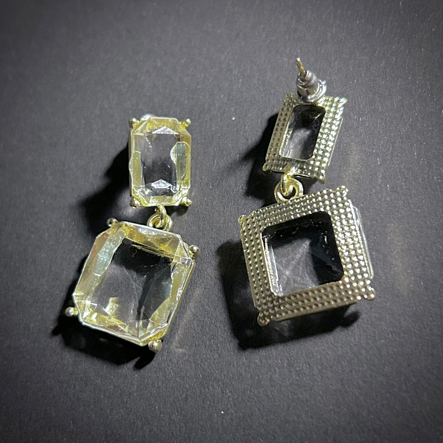 Ice Cubes Double Square Transparent & Gold Earrings