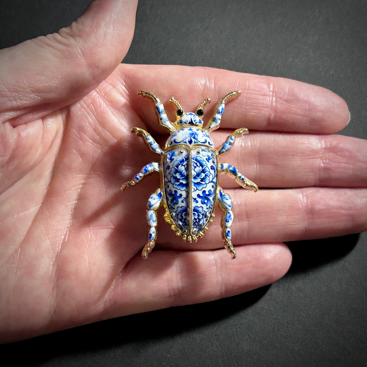 White & Blue Porcelain Enamel Gold Beetle Brooch