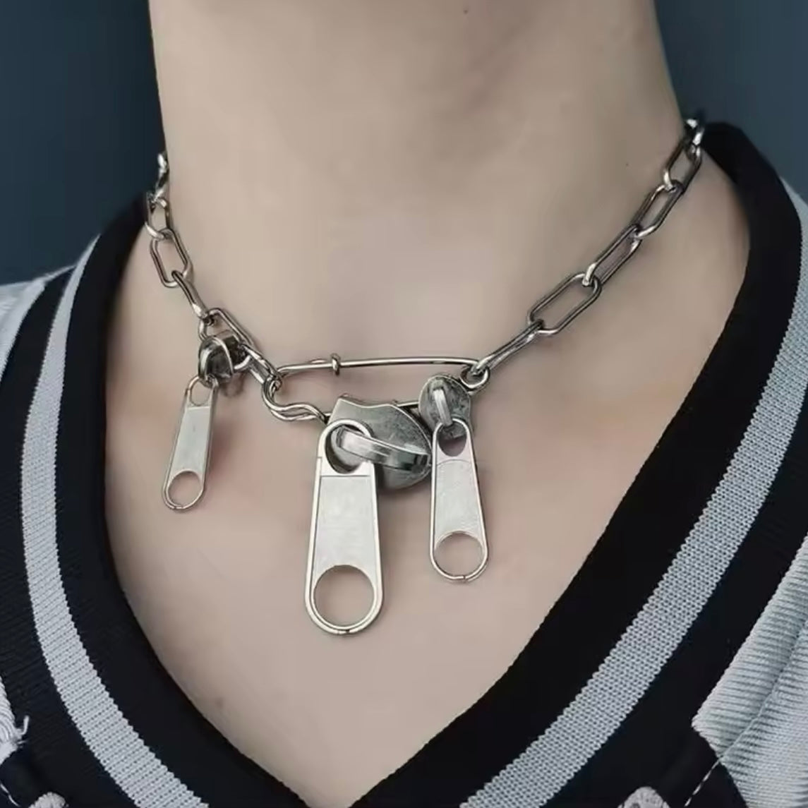 Zipper Tag & Safety Pin Silver Punk Necklace