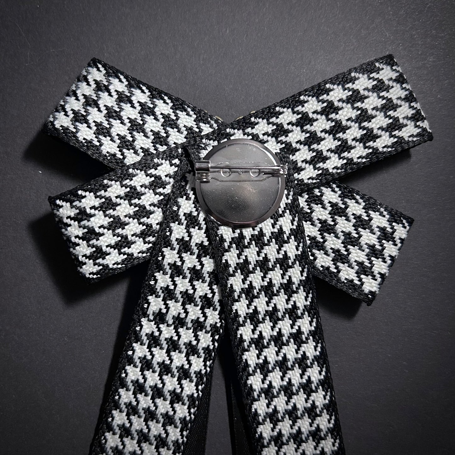 Black & White Houndstooth Ribbon Bow Brooch with Gold Bee Charm
