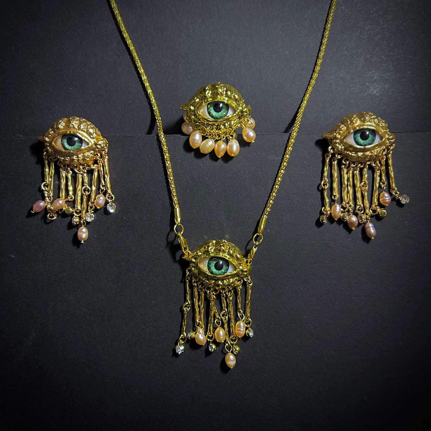 Green Eyes & Baroque Pearl Gold Fringe Surrealist Earrings