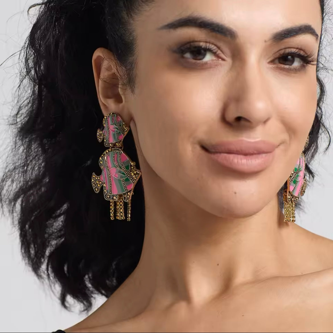Fish Pink & Green Enamel with Golden Rhinestone Statement Earrings