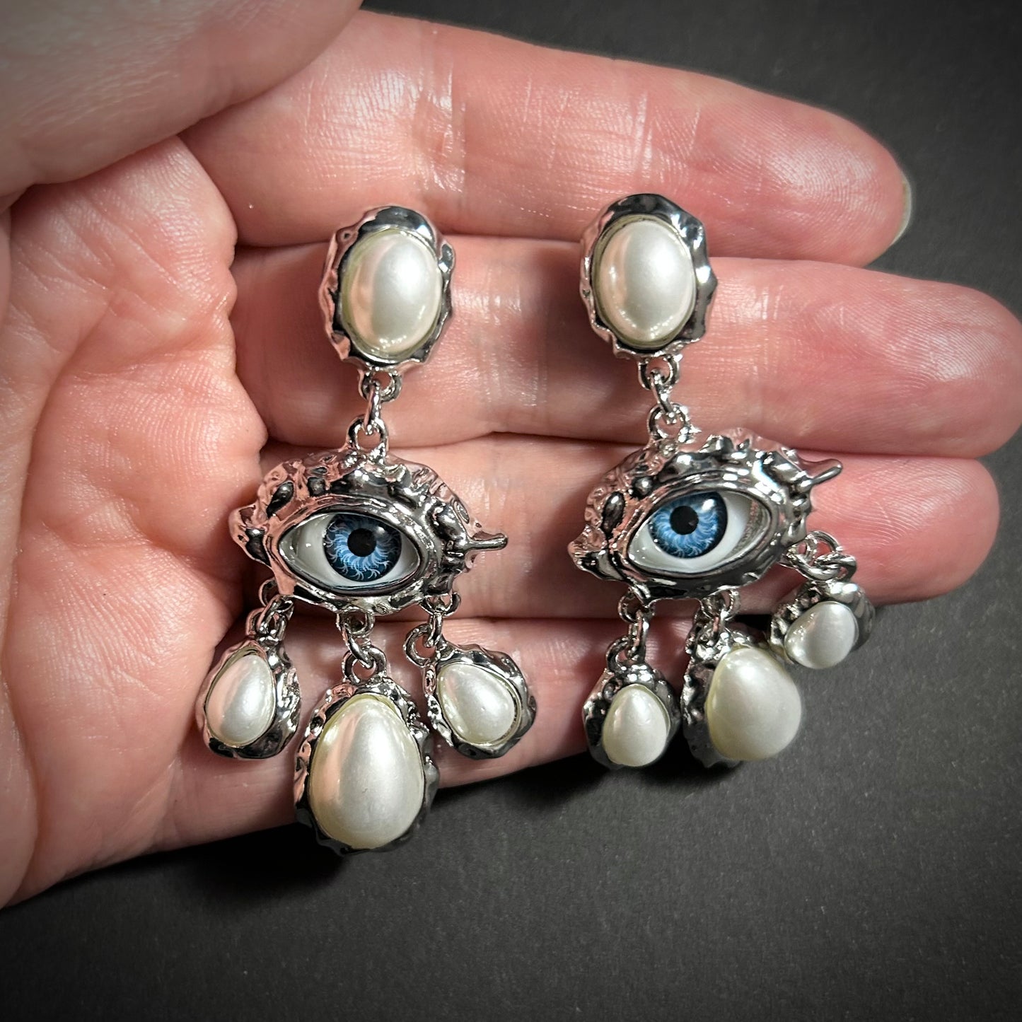 Blue Eyes & White Pearls Chandelier Silver Earrings