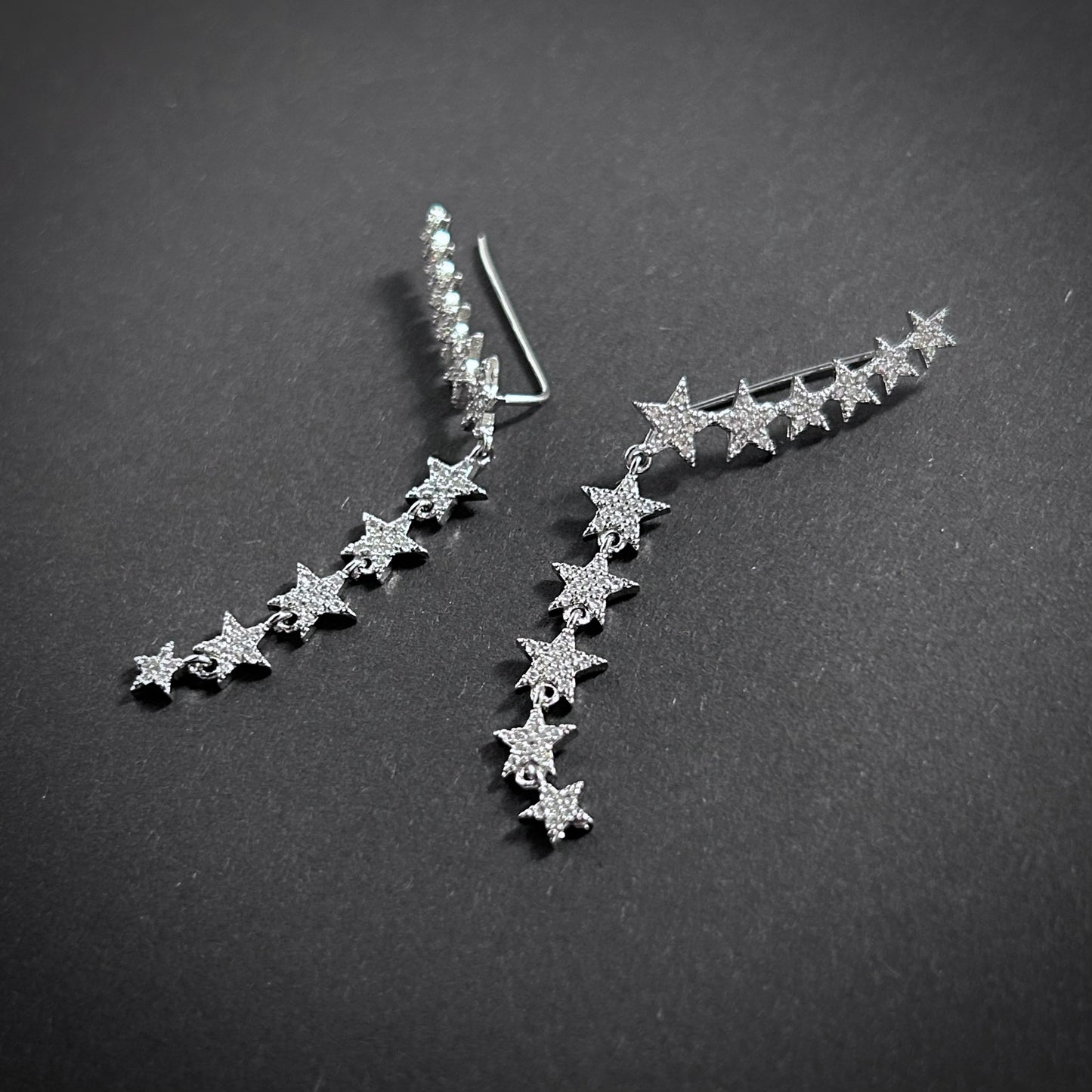 Star Row Rhinstone Micro Paved Silver Ear Climbers