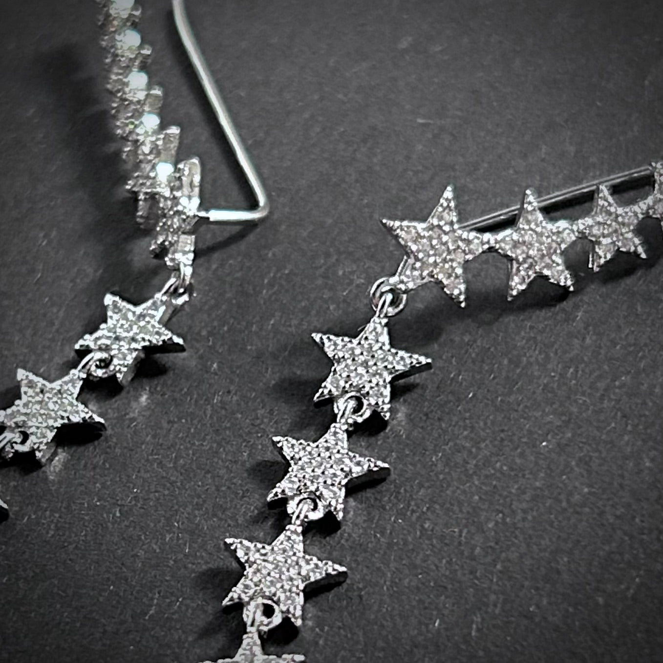 Star Row Rhinstone Micro Paved Silver Ear Climbers