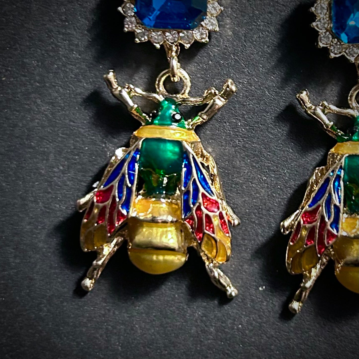 Multicolor Enameled Gold Bee & Petrol Crystal Statement Earrings