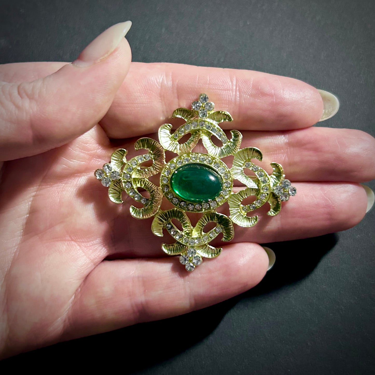 Gold & Green Rhinestone Ornate Brooch