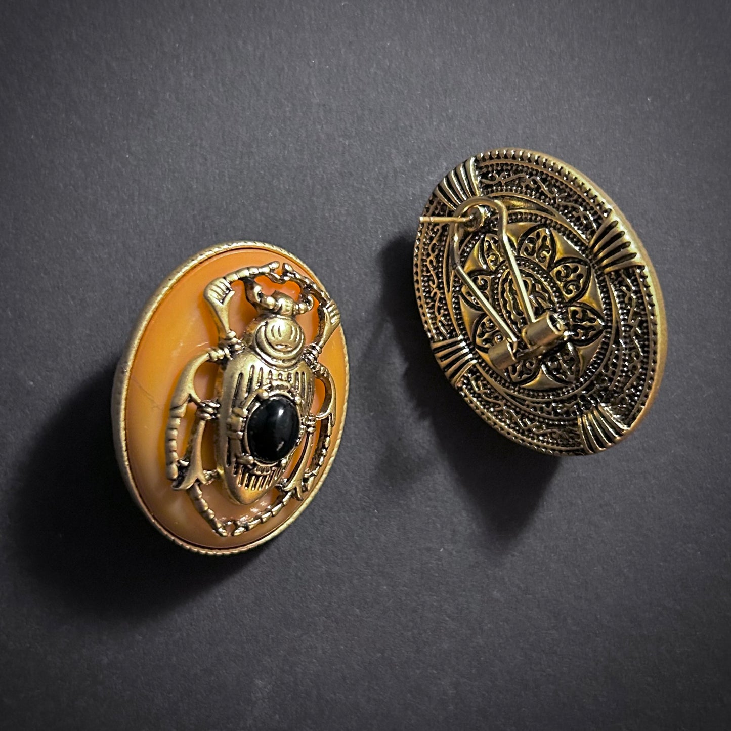 Scarab Beetle Orange Enamel & Antiqued Gold Statement Earrings