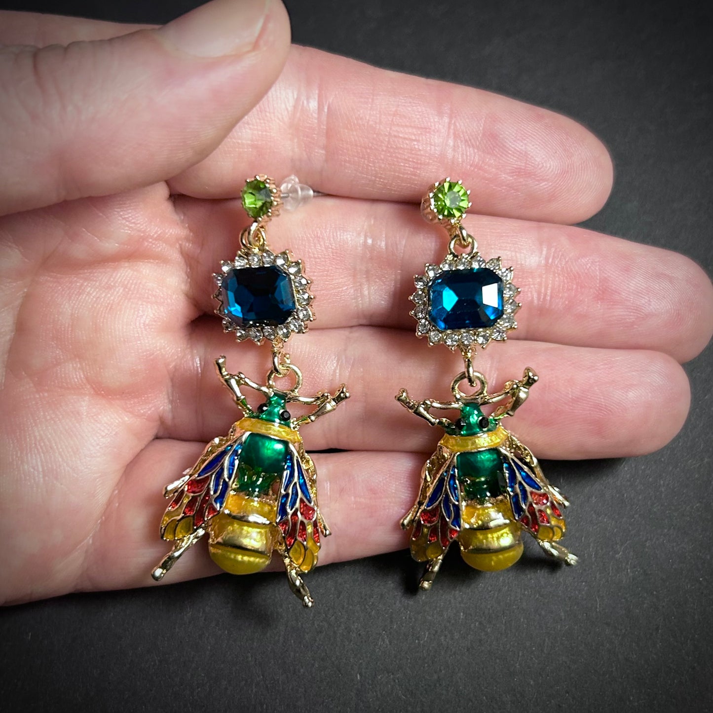 Multicolor Enameled Gold Bee & Petrol Crystal Statement Earrings