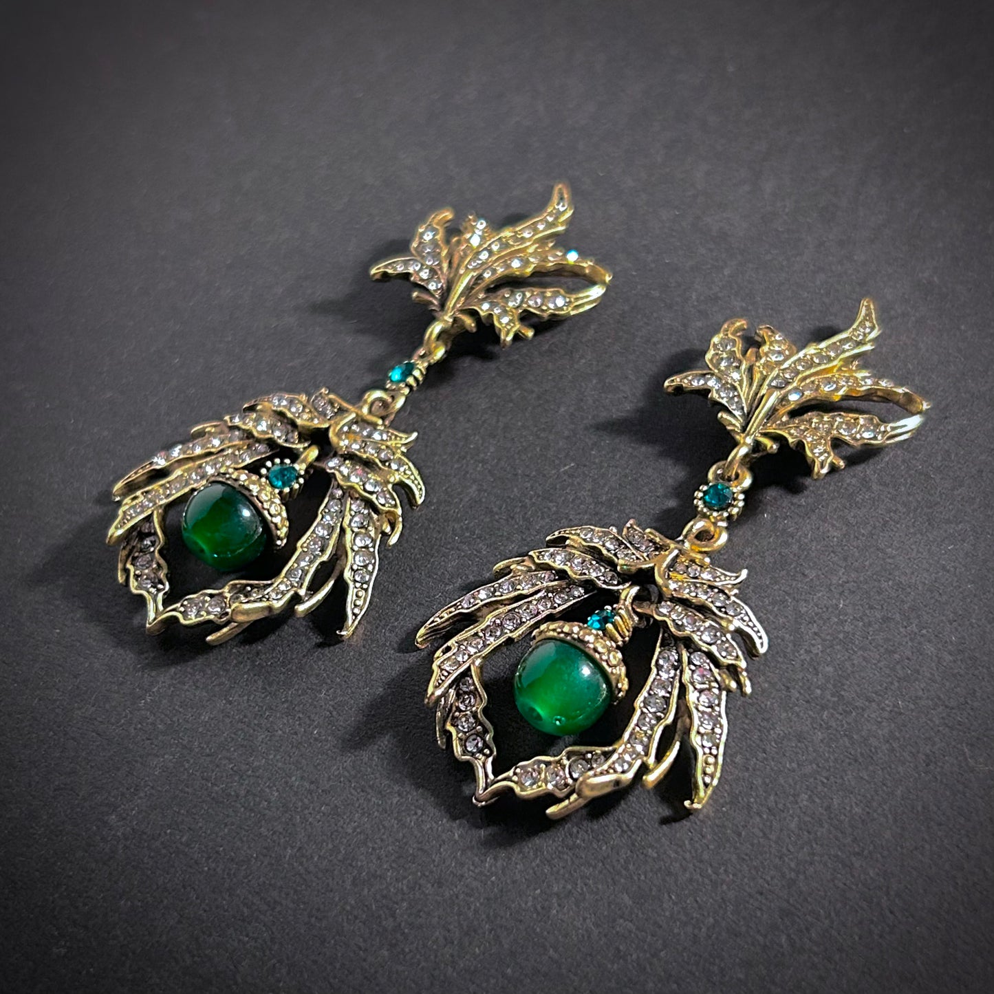 Art Nouveau Gold & Emerald Green Rhinestone Leaf Chandelier Earrings