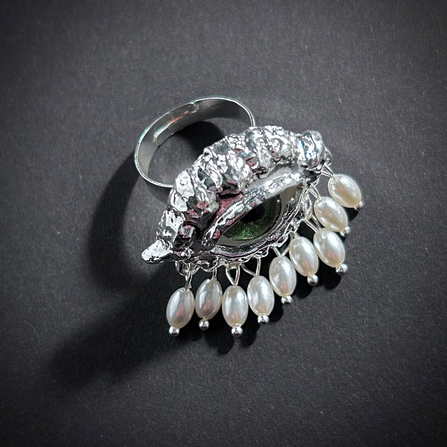 Green Eye & Baroque Pearl Fringe Silver Adjustable Surrealist Ring