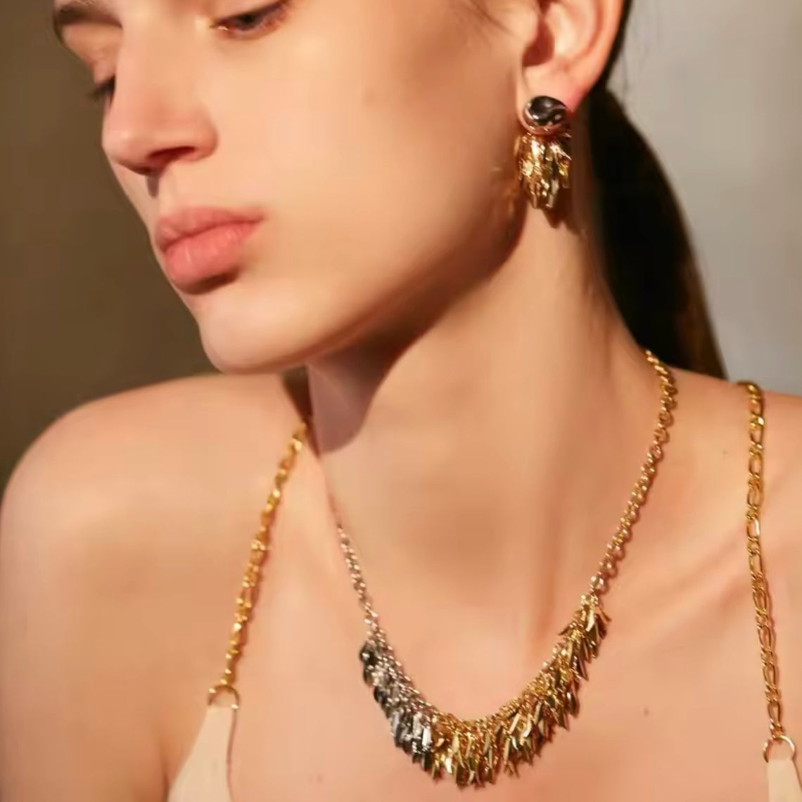 Leaves Ear Jacket & Organic Shaped Stud Mixed Metal Tassel Earrings