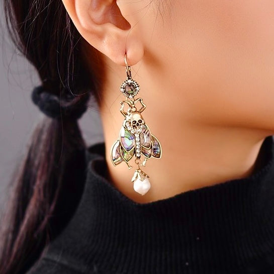Moth, Skull & Baroque Freshwater Pearl Abalone Statement Earrings