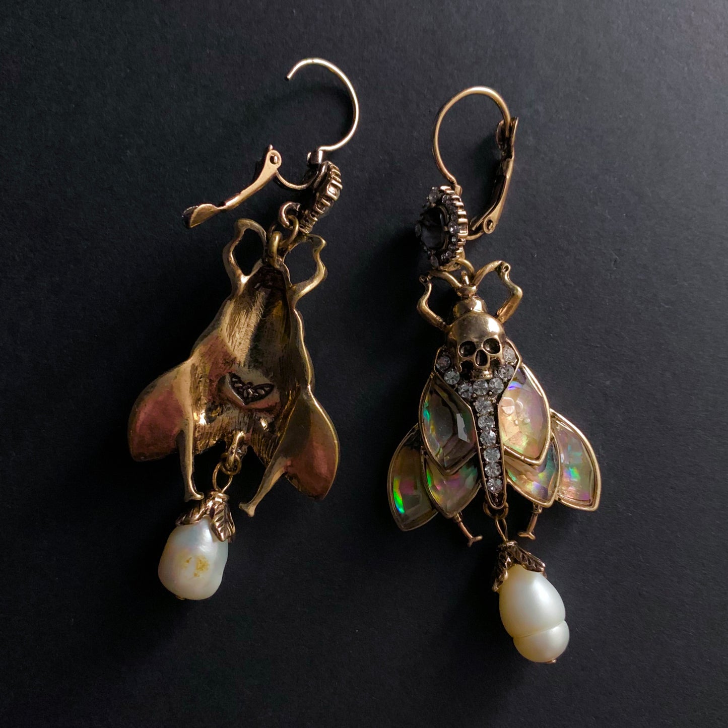 Moth, Skull & Baroque Freshwater Pearl Abalone Statement Earrings