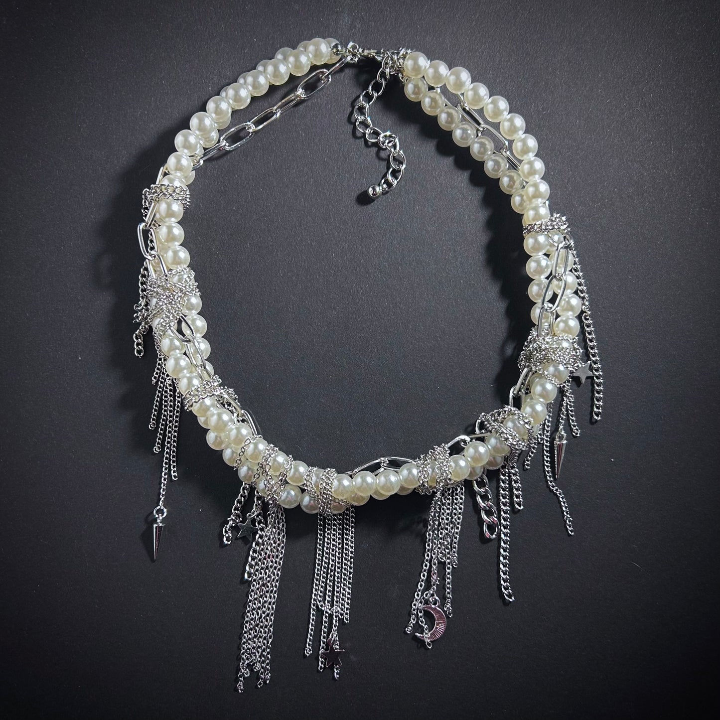 White Pearl & Silver Chain Punk Statement Necklace