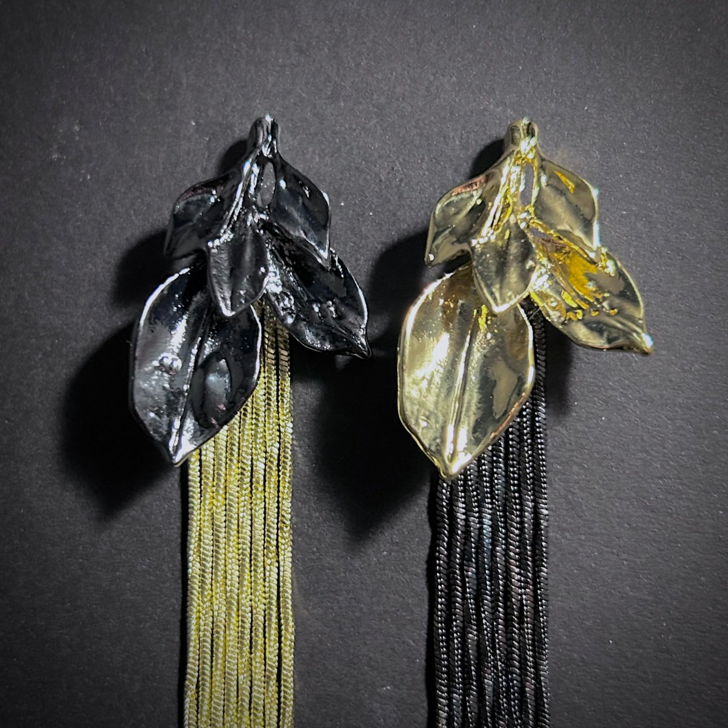 Gold & Black Leaves & Tassel Mixed Metal Earrings