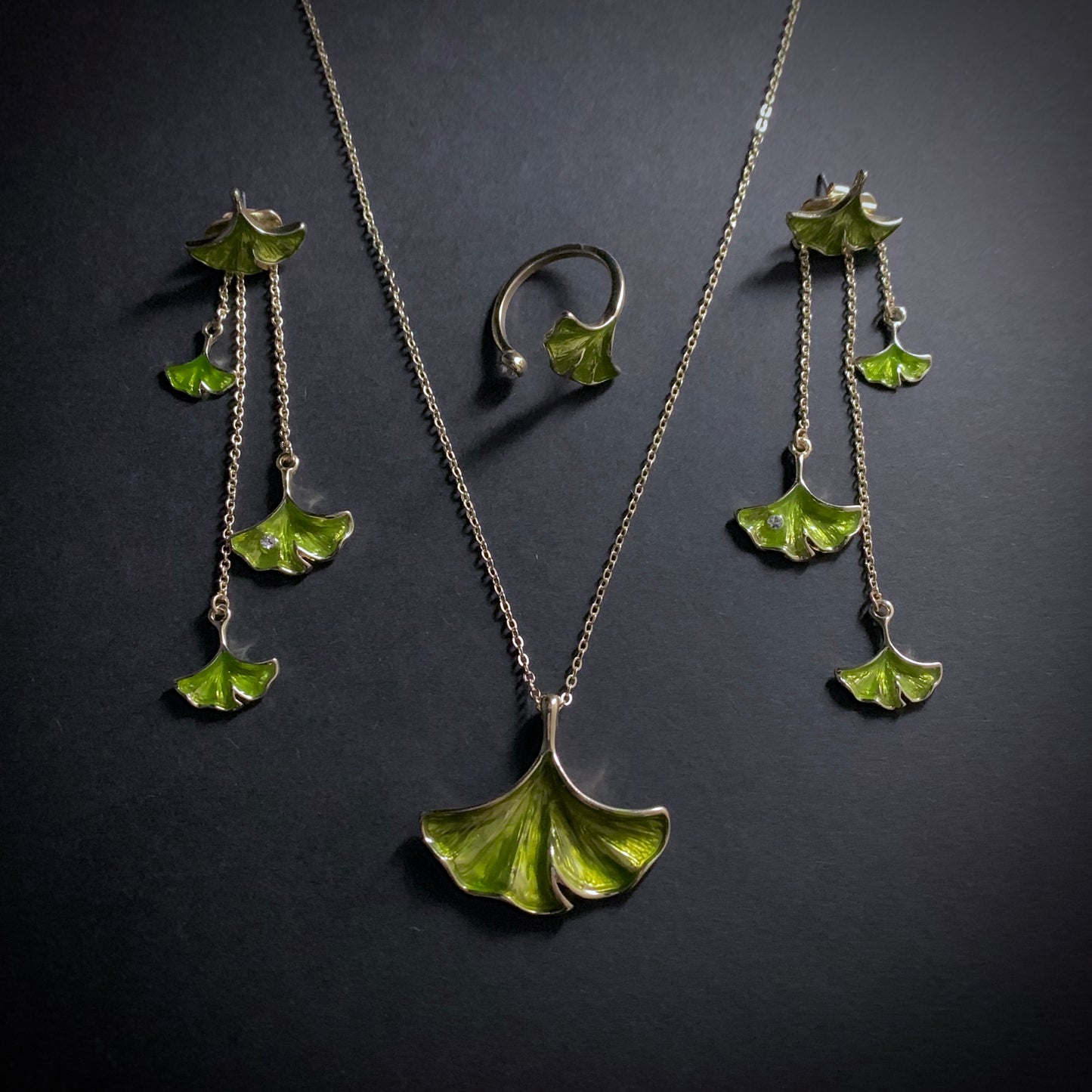 Ginkgo Leaf Enamel Stud Earrings with Ear Jacket