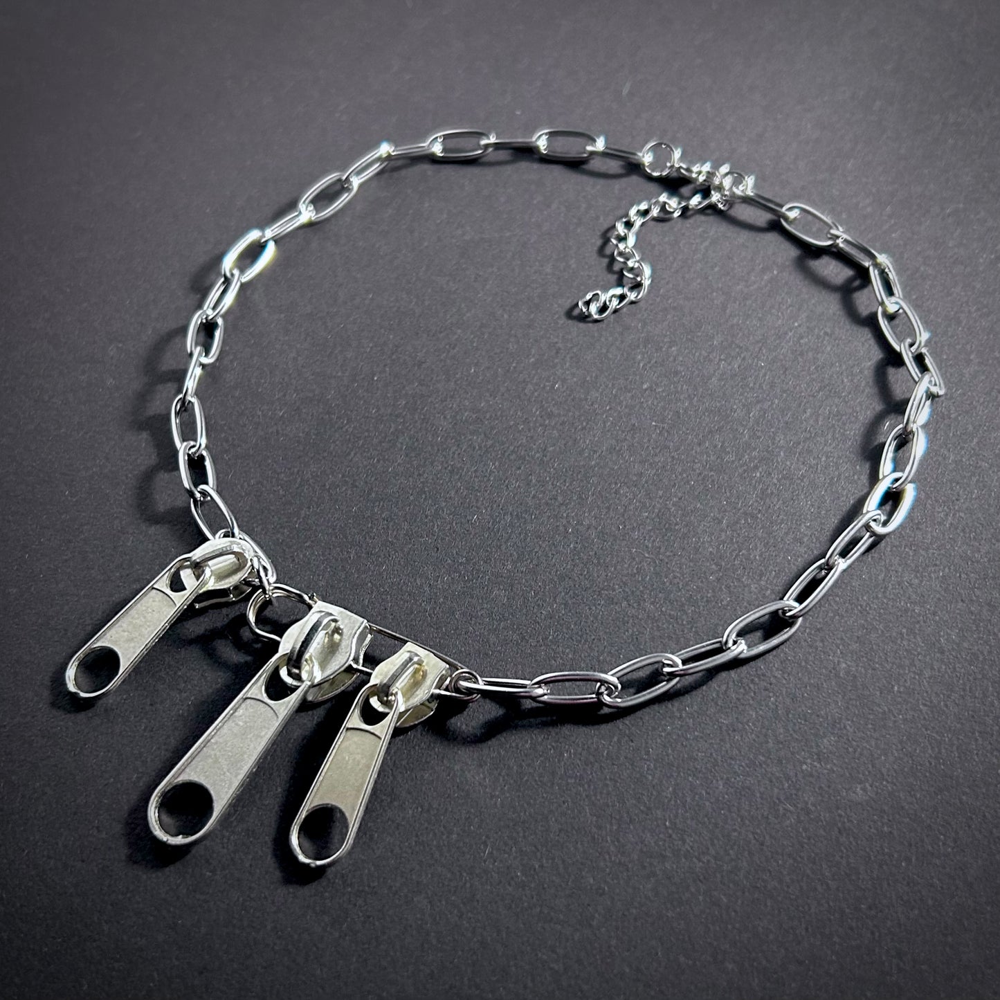 Zipper Tag & Safety Pin Silver Punk Necklace
