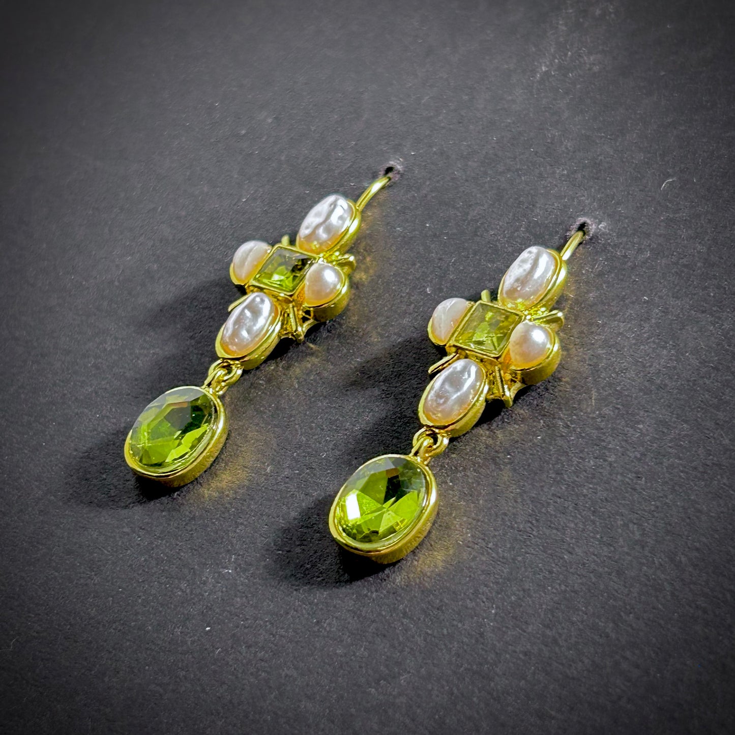 Art Nouveau Baroque Pearl Earrings in Apple Green & Gold