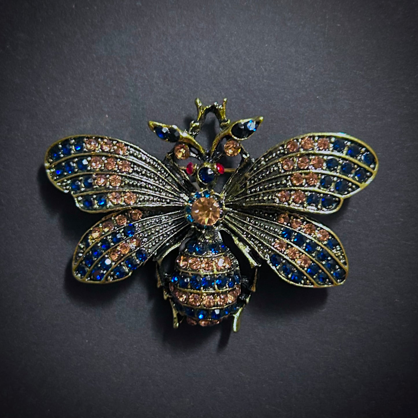 Sapphire & Gold Bee Rhinestone Brooch
