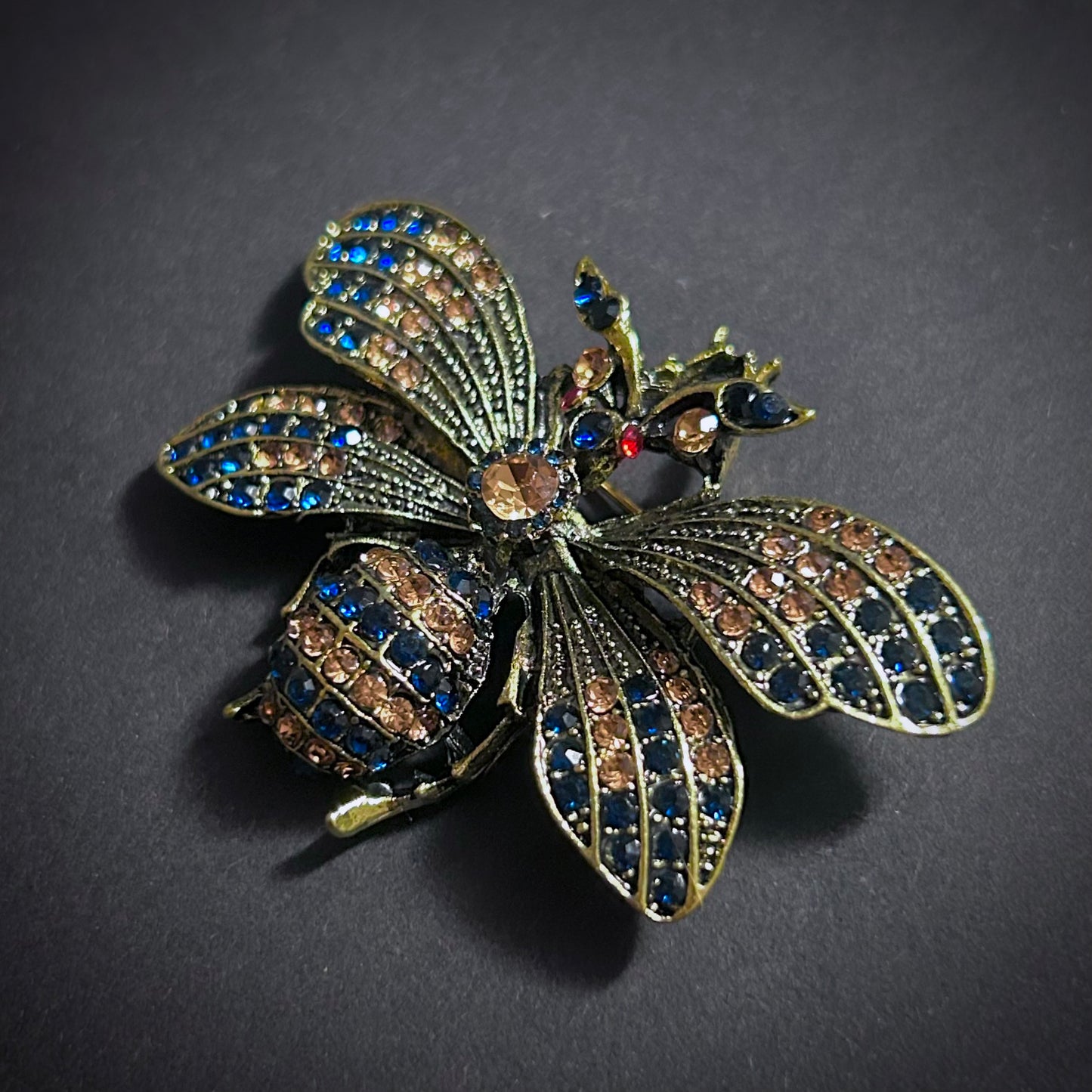 Sapphire & Gold Bee Rhinestone Brooch