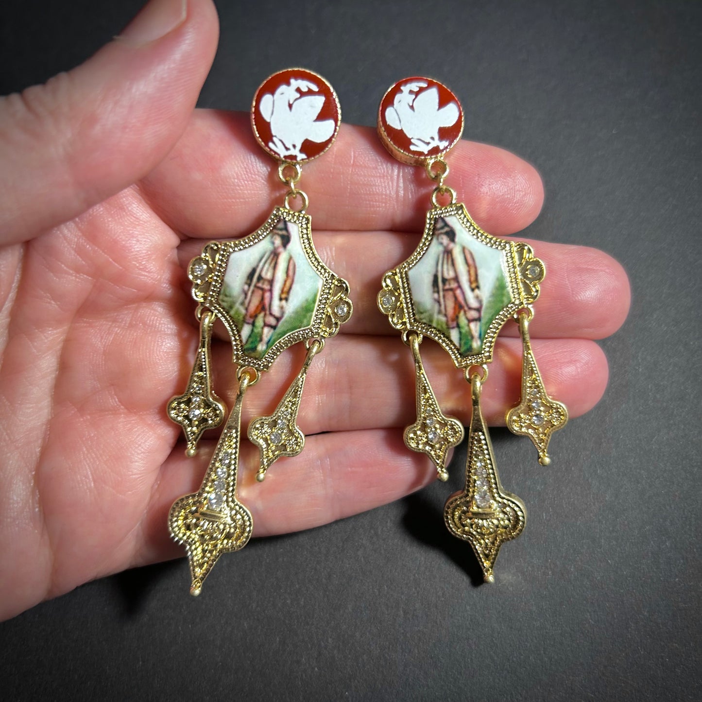 Art Nouveau Enamel Miniature Painting & Milgrain Chandelier Earrings