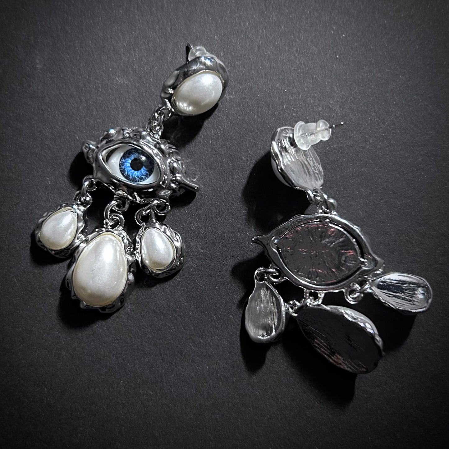 Blue Eyes & White Pearls Chandelier Silver Earrings