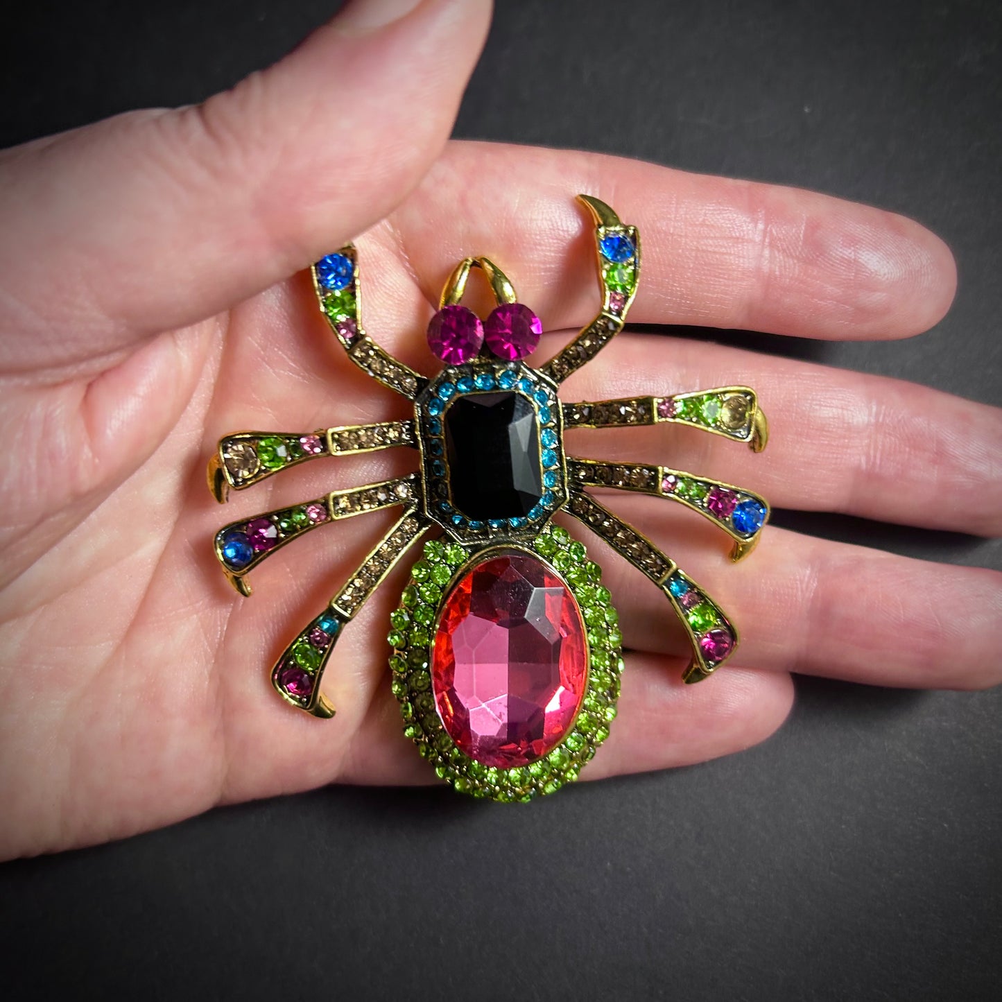 Art Deco Multi-Color Rhinestone Spider Brooch