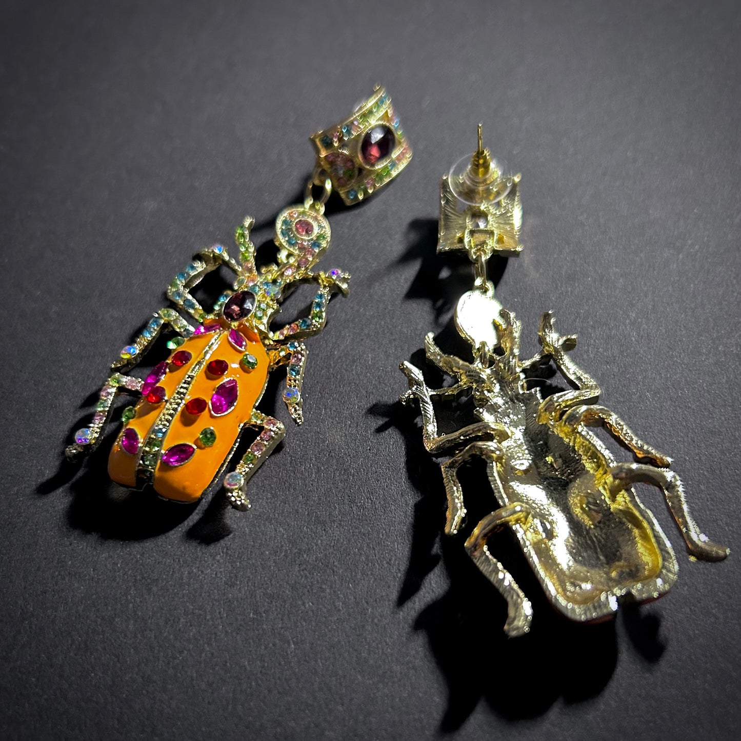 Happy Beetle Statement Earrings with Orange Enamel & Rhinestones