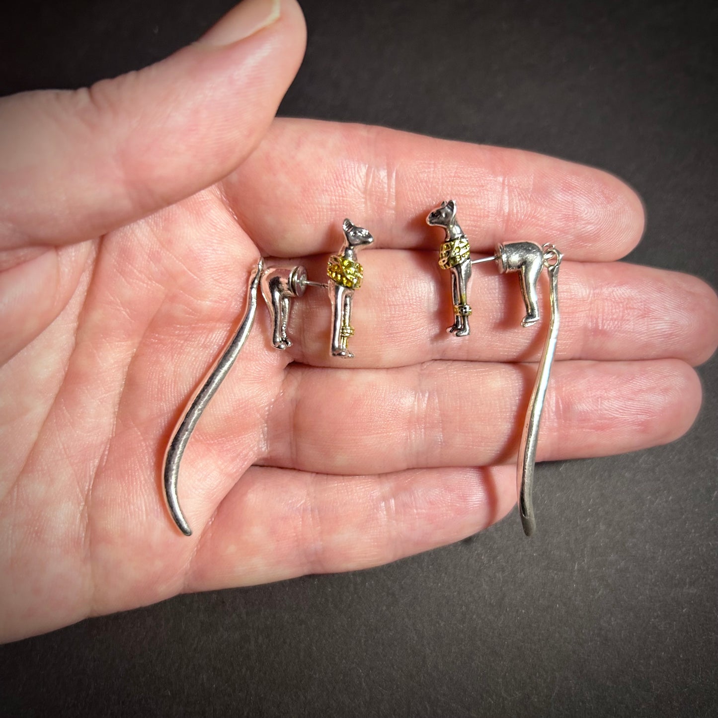 Pharaoh Cat Egyptian Goddess Faux Gauge Earrings in Silver & Gold