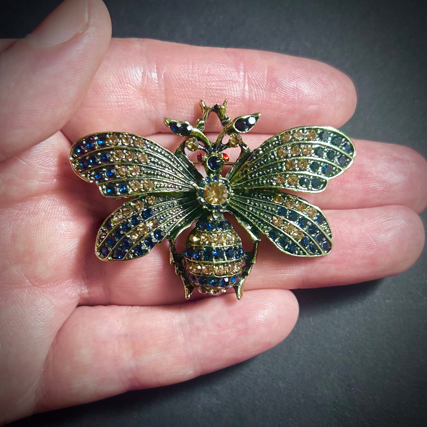 Sapphire & Gold Bee Rhinestone Brooch