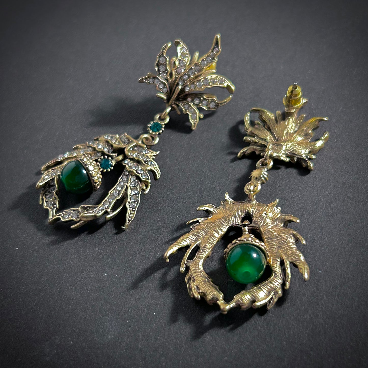 Art Nouveau Gold & Emerald Green Rhinestone Leaf Chandelier Earrings