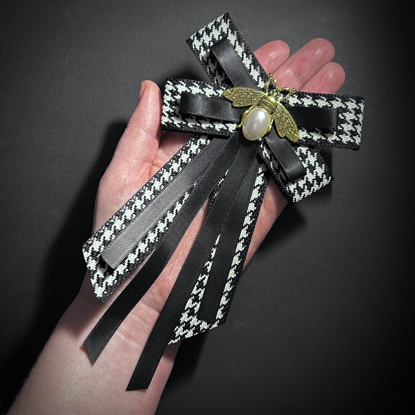 Black & White Houndstooth Ribbon Bow Brooch with Gold Bee Charm