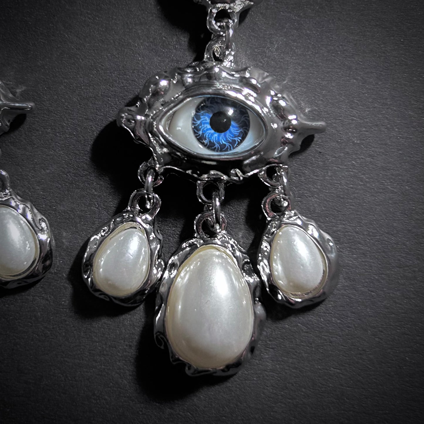 Blue Eyes & White Pearls Chandelier Silver Earrings