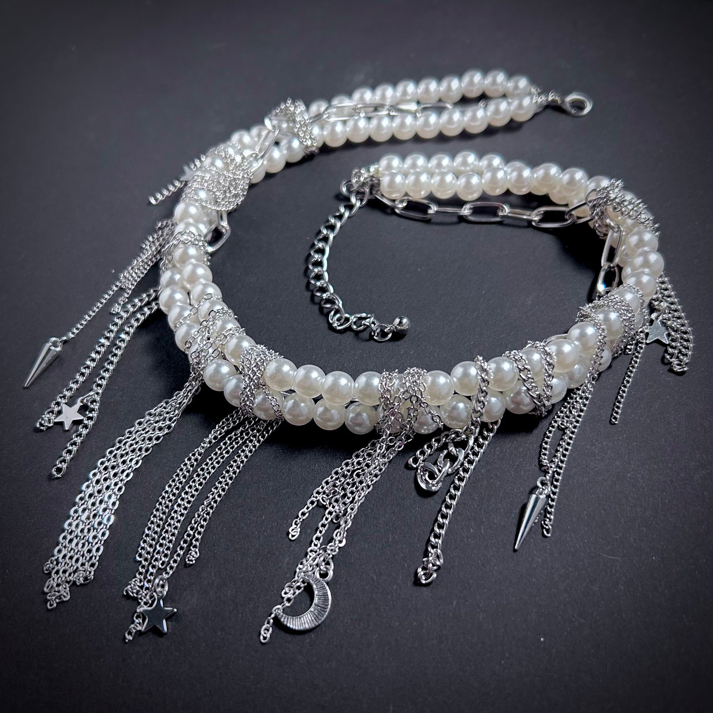 White Pearl & Silver Chain Punk Statement Necklace