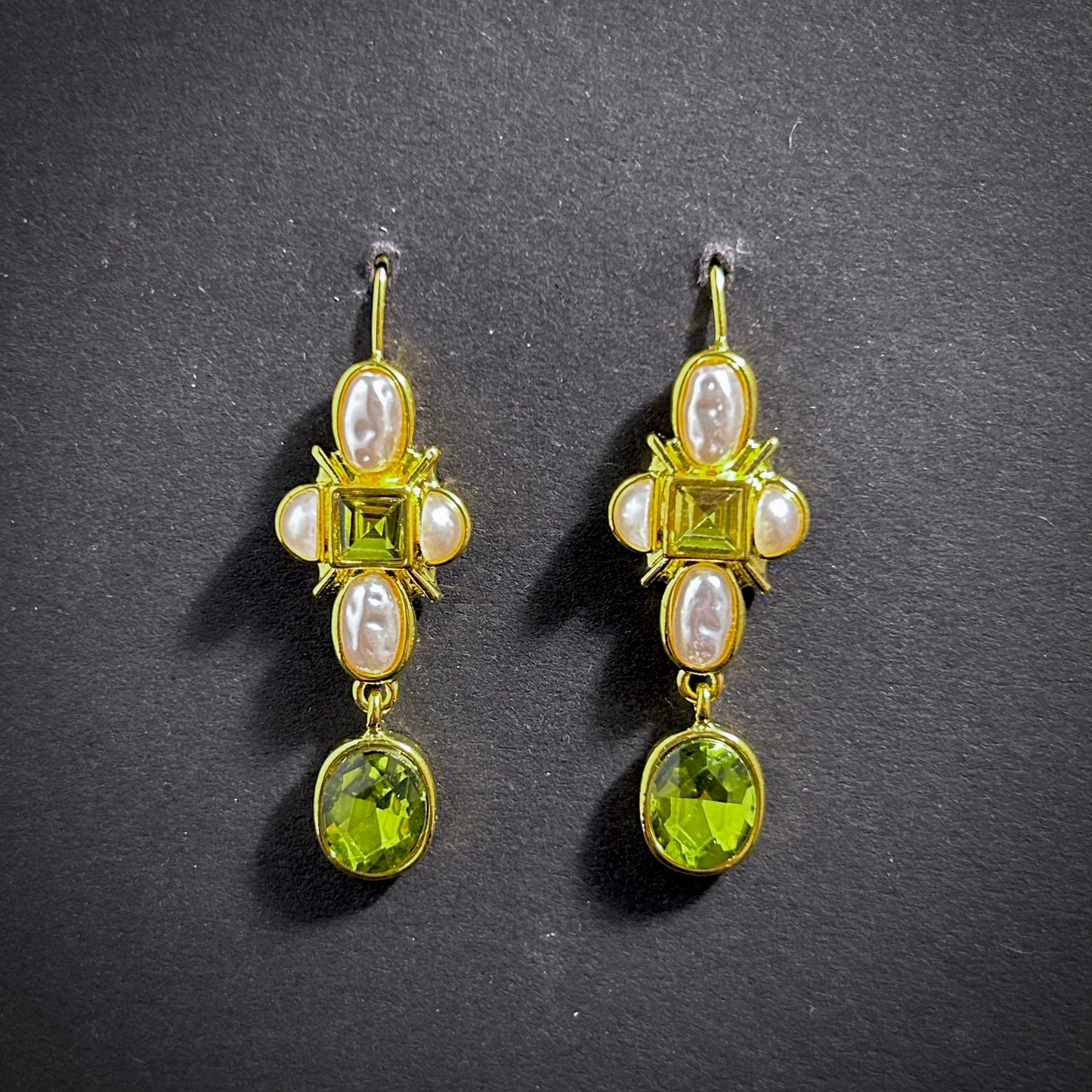 Art Nouveau Baroque Pearl Earrings in Apple Green & Gold