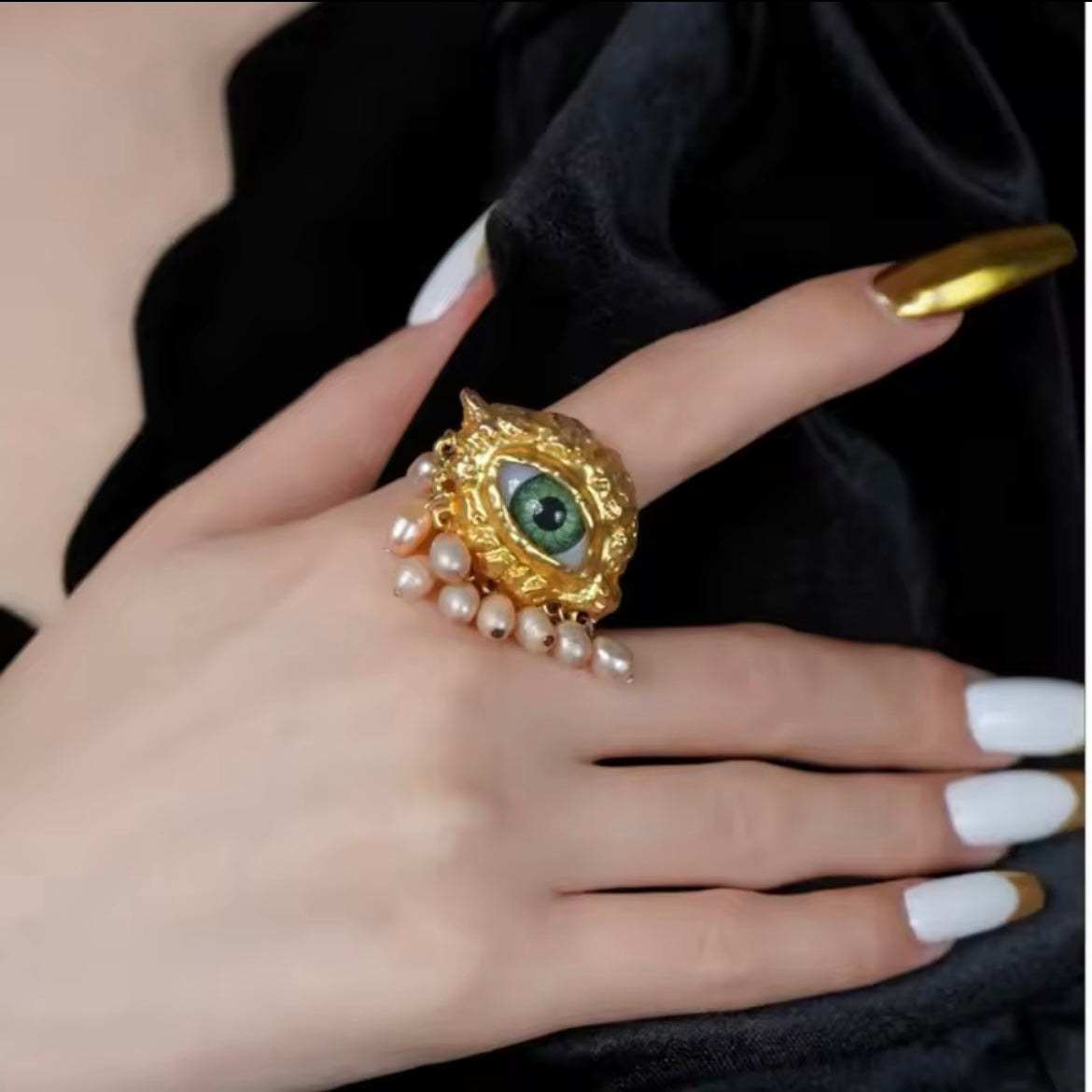 Green Eye & Baroque Pearl Fringe Gold Adjustable Surrealist Ring