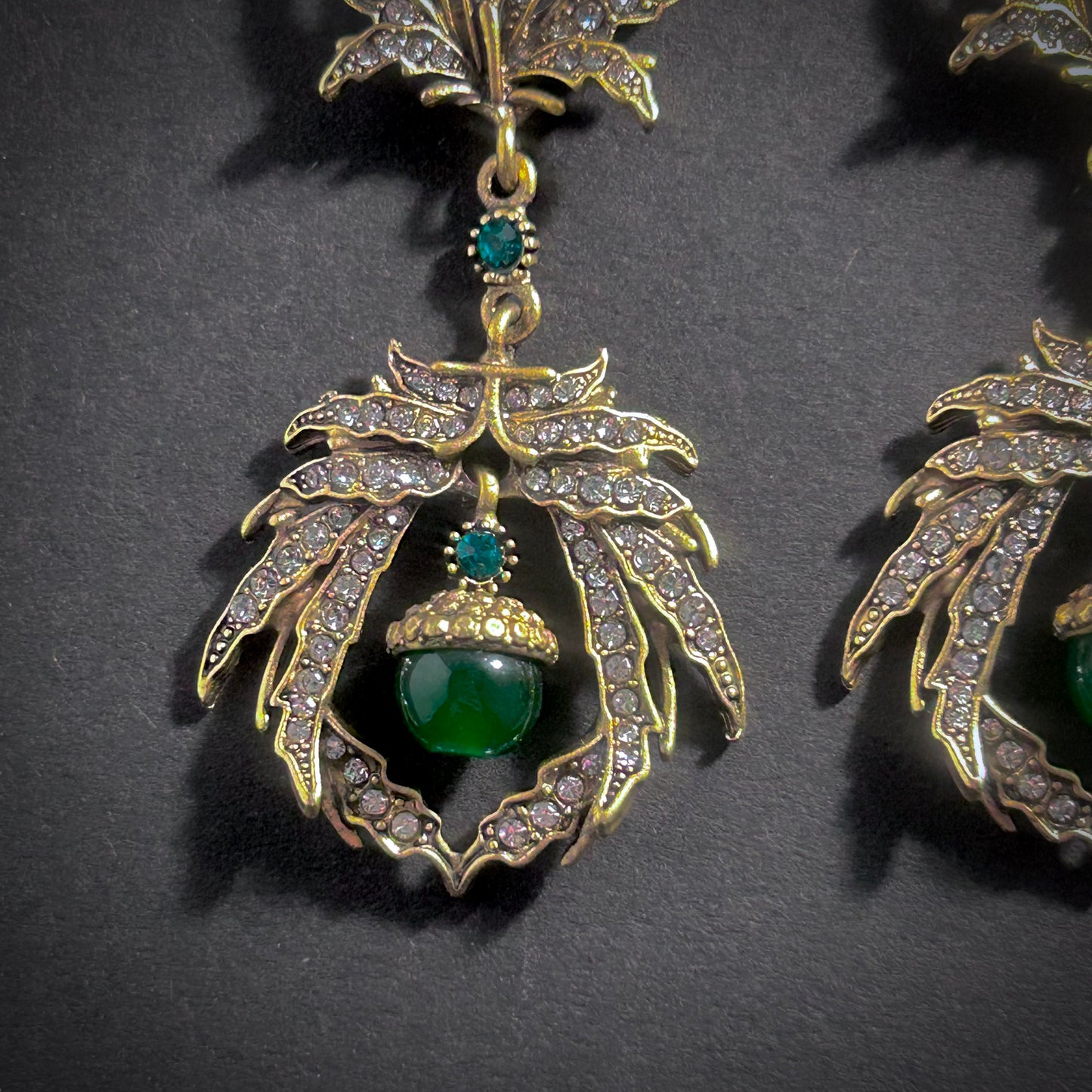 Art Nouveau Gold & Emerald Green Rhinestone Leaf Chandelier Earrings