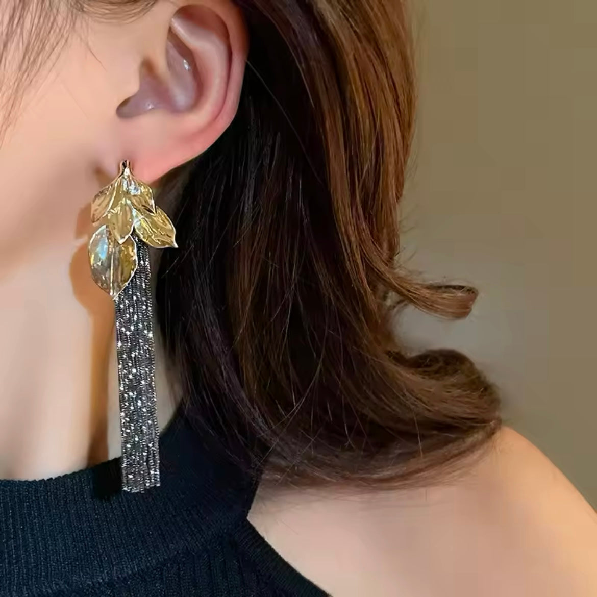 Gold & Black Leaves & Tassel Mixed Metal Earrings