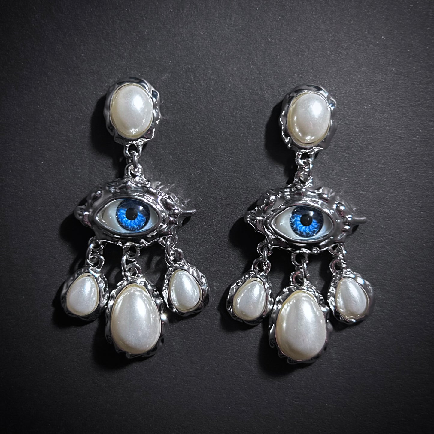 Blue Eyes & White Pearls Chandelier Silver Earrings