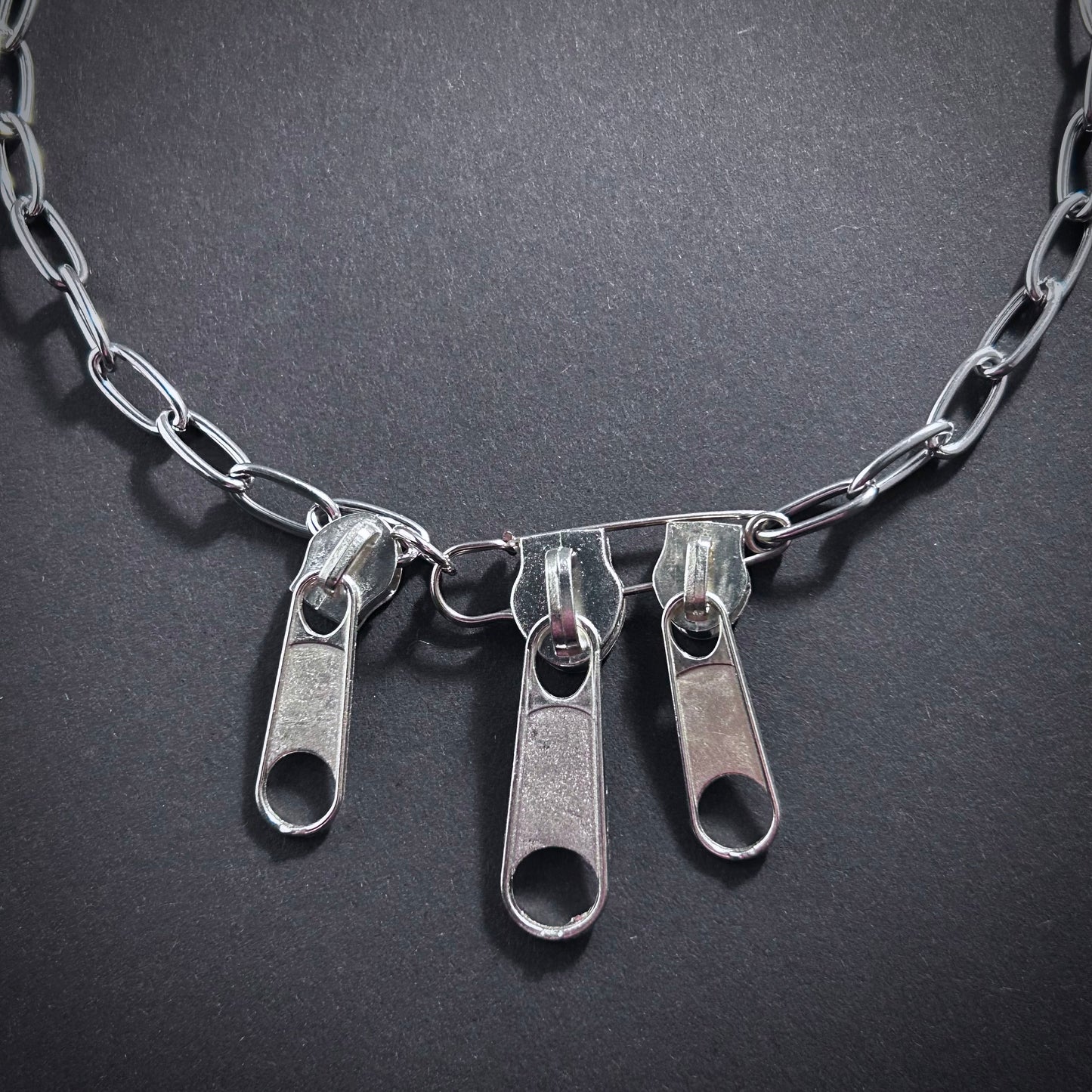 Zipper Tag & Safety Pin Silver Punk Necklace