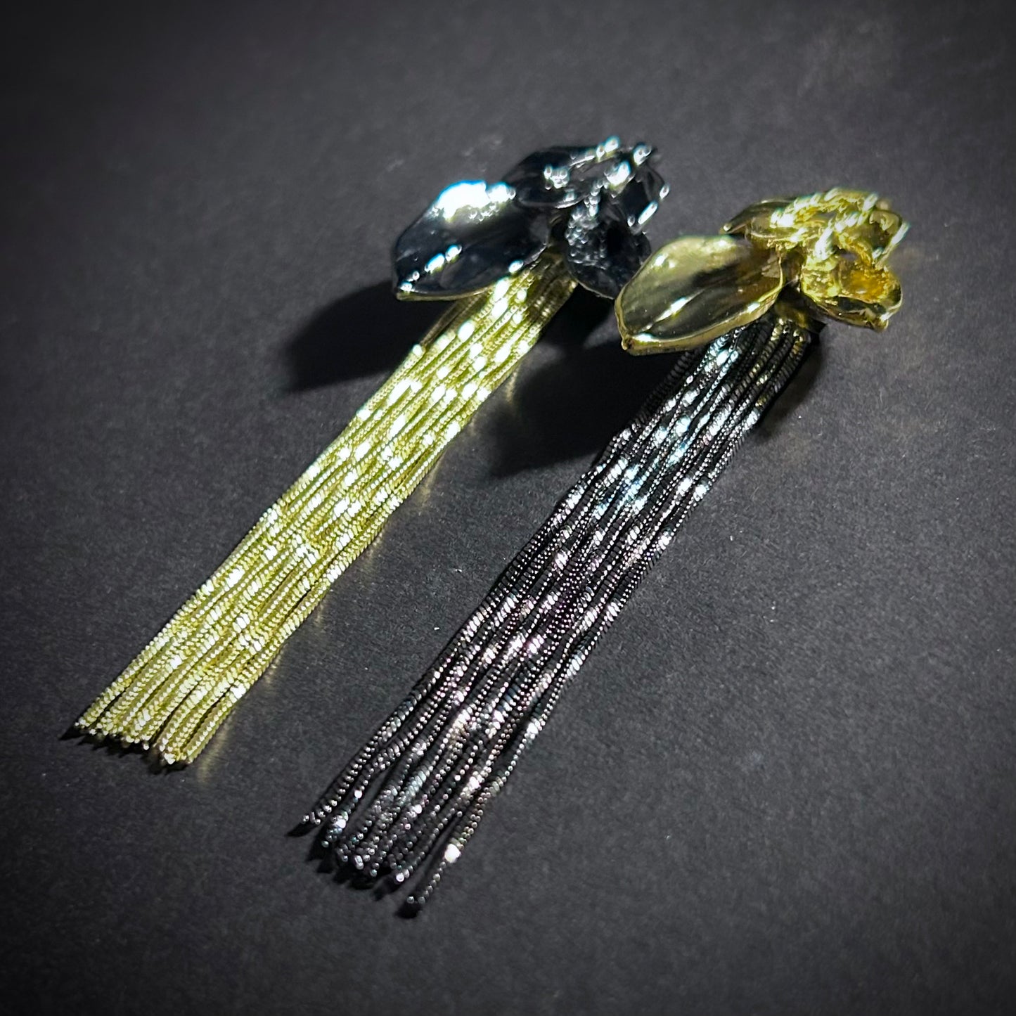 Gold & Black Leaves & Tassel Mixed Metal Earrings